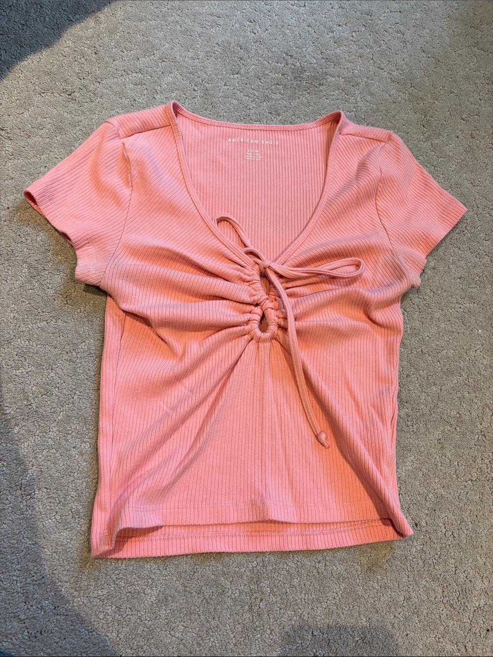 American Eagle Outfitters Pink Ribbed Tie-Front V-Neck Crop Top